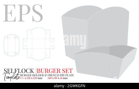 Scatola per hamburger fast food e porta patatine fritte, Vector. Dima con fustellatura e linee di taglio laser. Bianco, trasparente, bianco mock up isolato su bianco Illustrazione Vettoriale