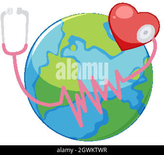Grande mondo con cuore rosso e stetoscopio intorno Illustrazione Vettoriale