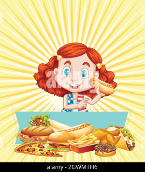 Ragazza e diversi tipi di fast food Illustrazione Vettoriale