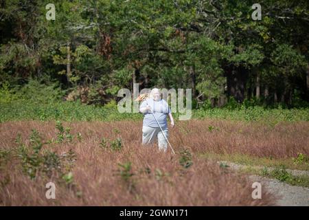 Albino donna che cammina lungo un sentiero di ghiaia attraverso un prato Foto Stock