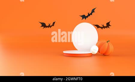 Felice sfondo di Halloween. Podio minimo, zucche e pipistrelli volanti su sfondo arancione. Bella carta di disegno o invito di festa per Halloween holi Foto Stock