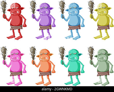 Set di goblin colorato o troll tenendo strumento di caccia con faccia arrabbiata in cartoon personaggio isolato Illustrazione Vettoriale
