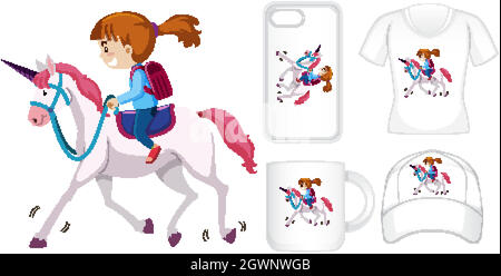 Disegno grafico su diversi prodotti con unicorno girl cavalcando Illustrazione Vettoriale