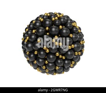 Rendering 3D, forma rotonda geometrica astratta fatta di sfere colorate collegate tra loro. Regni di nero e oro, elementi isolati su uno sfondo bianco Foto Stock