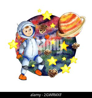 L'illustrazione acquerello di un astronauta mostra con la mano il pianeta Saturno, su uno sfondo cosmico bello di stelle, pianeti, asteroidi. Astronau Foto Stock