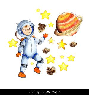 Illustrazione acquerello di un astronauta nello spazio aperto, tra pianeti, stelle e asteroidi. L'astronauta nello spazio attira i bambini. Isolato su wh Foto Stock