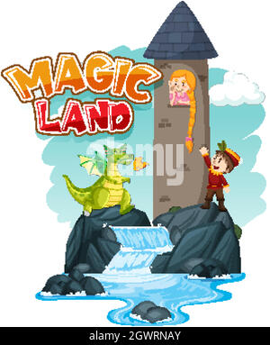 Font design per parola terra magica con drago e principessa Illustrazione Vettoriale