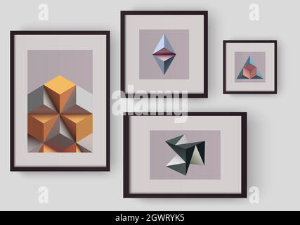 Illustrazione realistica della galleria. Eleganti cornici a parete, forma tridimensionale complessa. Forme geometriche del modello di poster astratto. Modello vettoriale per foto, poster o galleria fotografica. Illustrazione Vettoriale