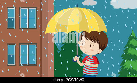 Ragazzo giovane con ombrello che cammina sotto la pioggia Illustrazione Vettoriale