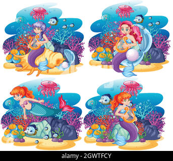Set di graziose sirena con stile cartoon di scena a tema marino animale Illustrazione Vettoriale