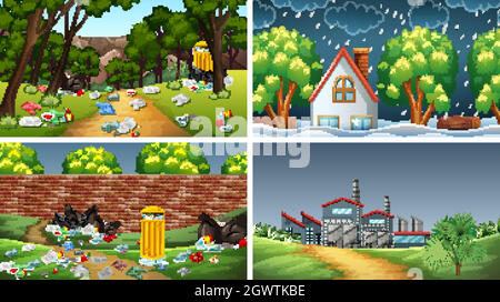 Set di scene inquinate Illustrazione Vettoriale