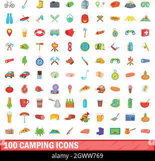 100 campeggio set di icone, stile cartoon Illustrazione Vettoriale