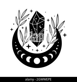 Cristallo nero magico con luna e foglie. Illustrazione celeste creativa. Illustrazione Vettoriale