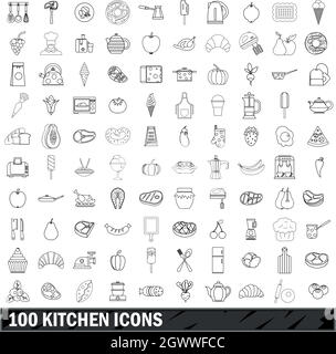 100 cucina set di icone di stile di contorno Illustrazione Vettoriale