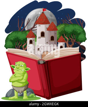 Goblin o troll personaggio cartoon con un libro di storia Illustrazione Vettoriale