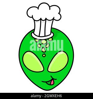emoticon testa aliena con un cappello verde dello chef Illustrazione Vettoriale