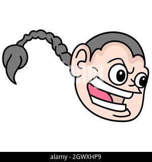 testa emoticon di un uomo con pigtail lunghi con un volto arrabbiato Illustrazione Vettoriale