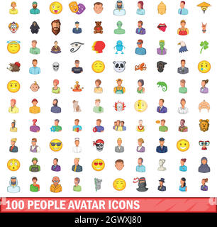 100 persone avatar set di icone, stile cartoon Illustrazione Vettoriale