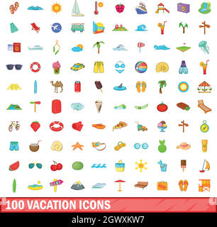 Vacanza 100 set di icone, stile cartoon Illustrazione Vettoriale