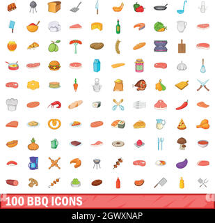 100 barbecue set di icone, stile cartoon Illustrazione Vettoriale