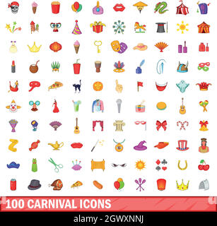 100 carnevale set di icone, stile cartoon Illustrazione Vettoriale