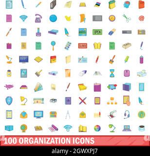 100 organizzazione set di icone, stile cartoon Illustrazione Vettoriale