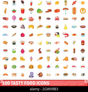100 il cibo gustoso set di icone, stile cartoon Illustrazione Vettoriale