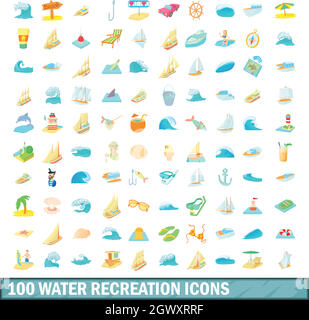 100 acqua ricreazione set di icone, stile cartoon Illustrazione Vettoriale