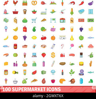 100 supermercato set di icone, stile cartoon Illustrazione Vettoriale
