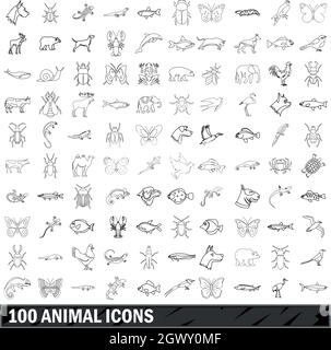 100 animali set di icone di stile di contorno Illustrazione Vettoriale