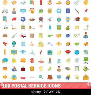 100 Servizio postale set di icone, stile cartoon Illustrazione Vettoriale