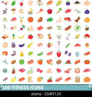 100 fitness set di icone, stile cartoon Illustrazione Vettoriale