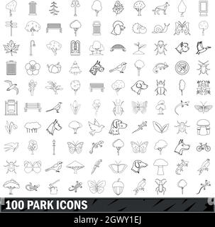100 Park set di icone di stile di contorno Illustrazione Vettoriale