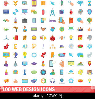 100 web design set di icone, stile cartoon Illustrazione Vettoriale