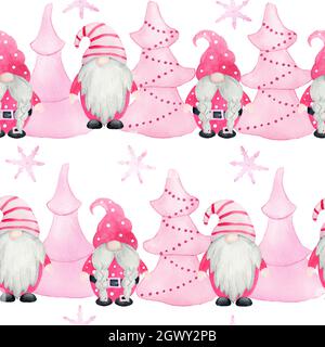 Acquerello senza cuciture con gnomes nordico pastello rosa. Natale nuovo anno regali fiocchi di neve alberi, baby ragazza disegno inverno celebrazione stampa per la carta di avvolgimento tessile Foto Stock