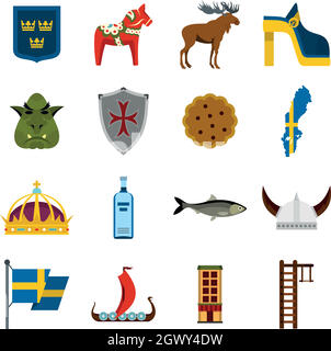 La Svezia set da viaggio icone piatta Illustrazione Vettoriale