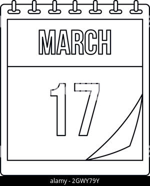 Marzo 17 icona calendario, stile contorno Illustrazione Vettoriale