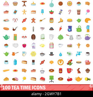 100 tea time set di icone, stile cartoon Illustrazione Vettoriale