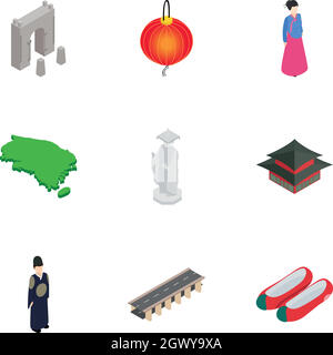 Corea del Sud i simboli set di icone isometrica 3d style Illustrazione Vettoriale