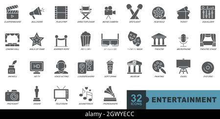 Icone di intrattenimento impostate su sfondo bianco Illustrazione Vettoriale