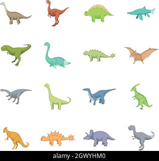 Dinosauri diversi set di icone, stile cartoon Illustrazione Vettoriale