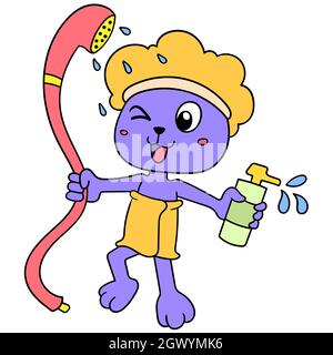 il gatto è felicemente bagnarsi nella doccia con un cappuccio per capelli Illustrazione Vettoriale