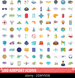 Aeroporto di 100 set di icone, stile cartoon Illustrazione Vettoriale