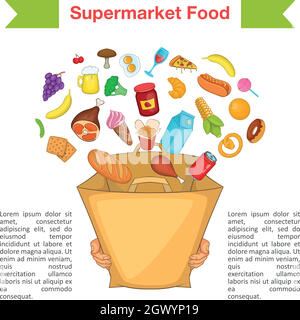 Supermercato alimentare sacchetto concetto, stile cartoon Illustrazione Vettoriale