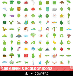 100 verde e ecologia set di icone, stile cartoon Illustrazione Vettoriale