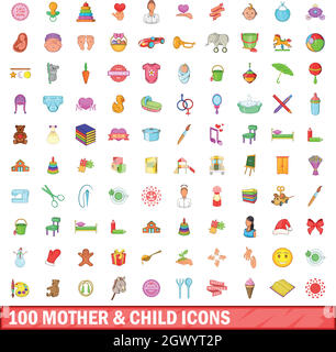 100 La madre e il bambino set di icone, stile cartoon Illustrazione Vettoriale