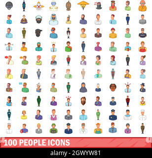 100 persone set di icone, stile cartoon Illustrazione Vettoriale