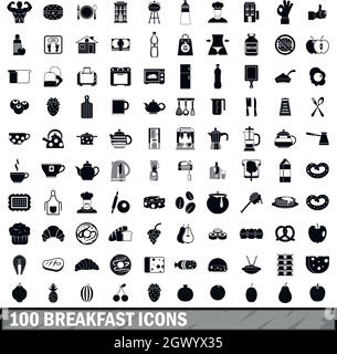 100 colazione set di icone in stile semplice Illustrazione Vettoriale