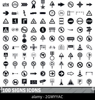 100 segnaletica stradale set di icone in stile semplice Illustrazione Vettoriale