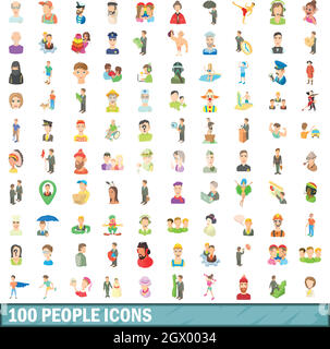 100 persone set di icone, stile cartoon Illustrazione Vettoriale